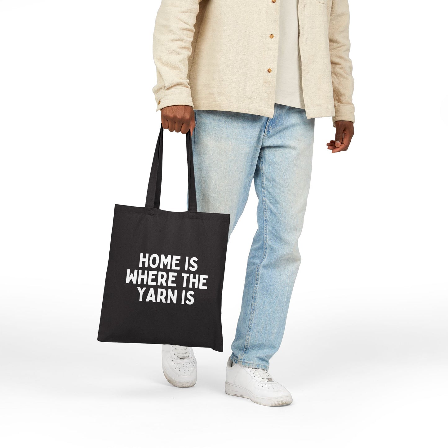 "Home is Where the Yarn Is" Black Cotton Canvas Tote Bag for Knitters & Crocheters
