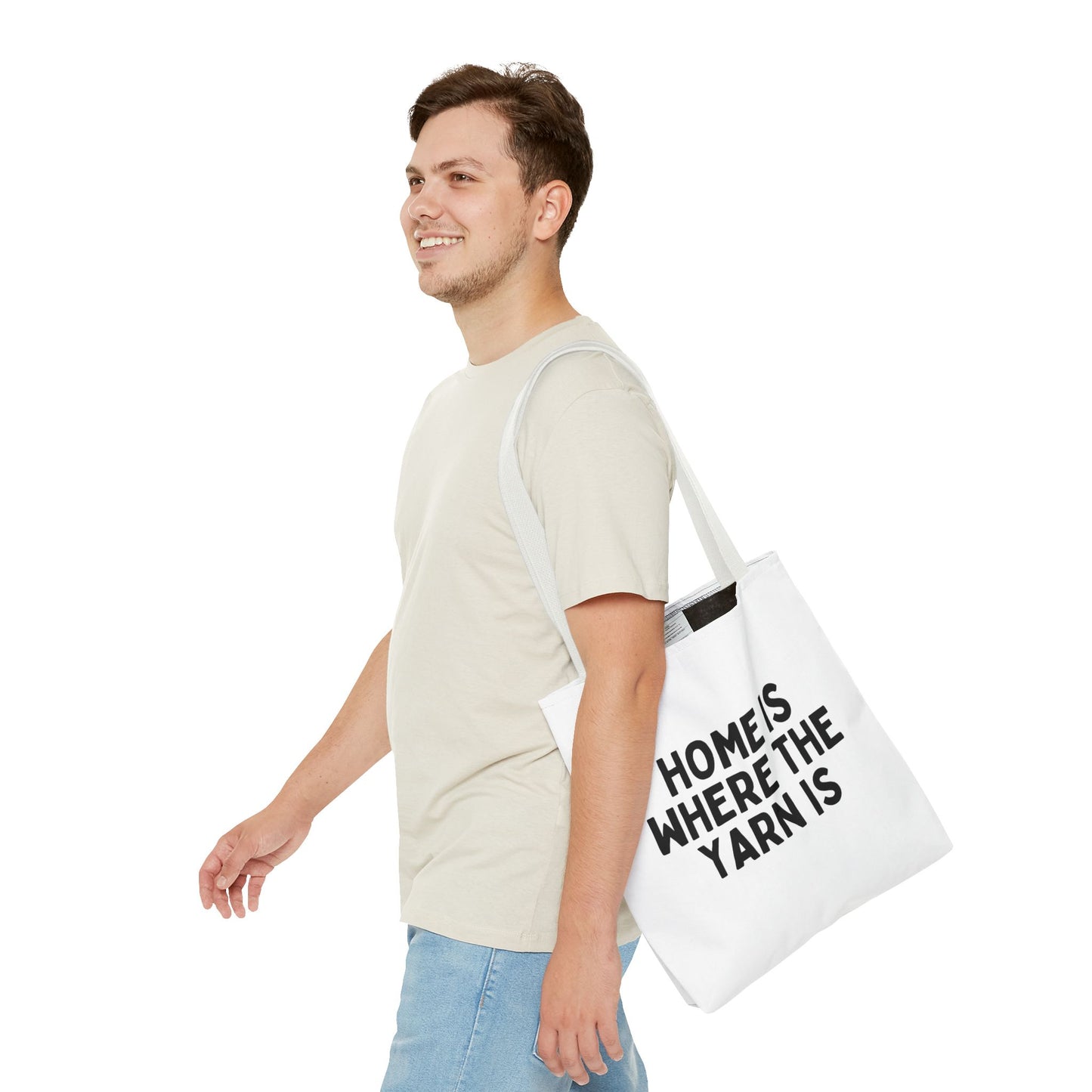 "Home is Where the Yarn Is" – White Tote Bag for Knitters & Crocheters