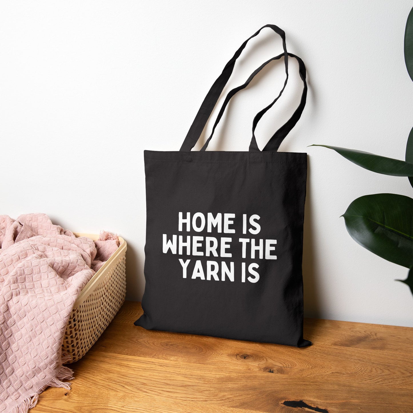 "Home is Where the Yarn Is" Black Cotton Canvas Tote Bag for Knitters & Crocheters
