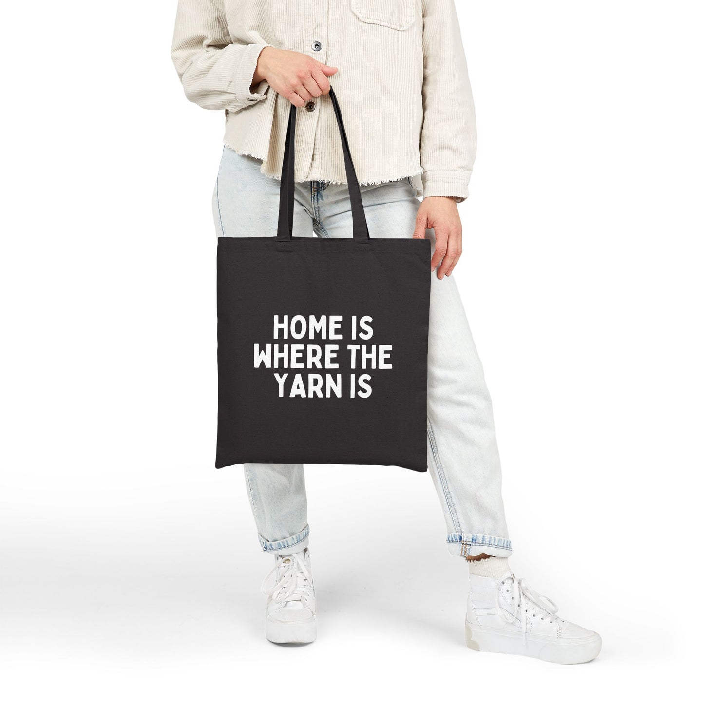 "Home is Where the Yarn Is" Black Cotton Canvas Tote Bag for Knitters & Crocheters