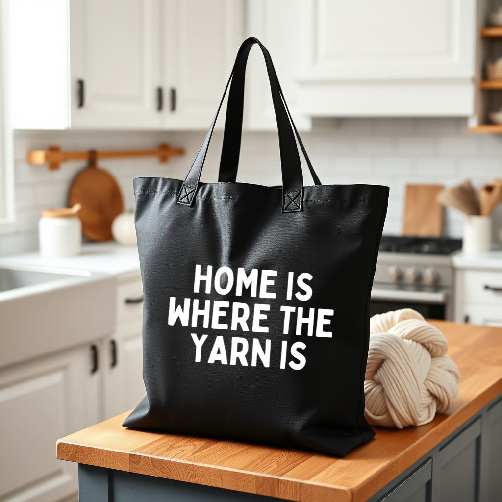 "Home is Where the Yarn Is" Black Cotton Canvas Tote Bag for Knitters & Crocheters