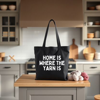"Home is Where the Yarn Is" Black Cotton Canvas Tote Bag for Knitters & Crocheters