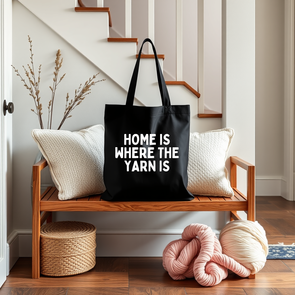 "Home is Where the Yarn Is" Black Cotton Canvas Tote Bag for Knitters & Crocheters