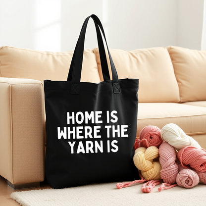 "Home is Where the Yarn Is" Black Cotton Canvas Tote Bag for Knitters & Crocheters