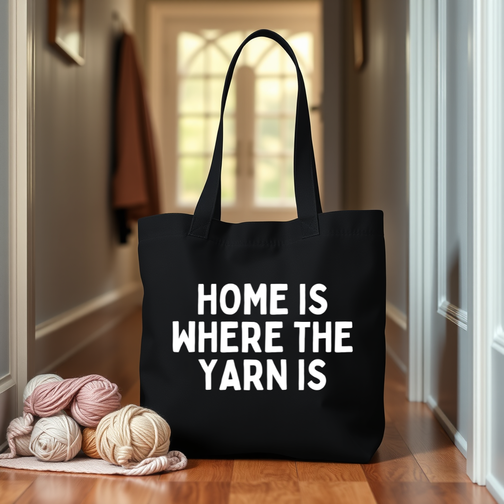 "Home is Where the Yarn Is" Black Cotton Canvas Tote Bag for Knitters & Crocheters