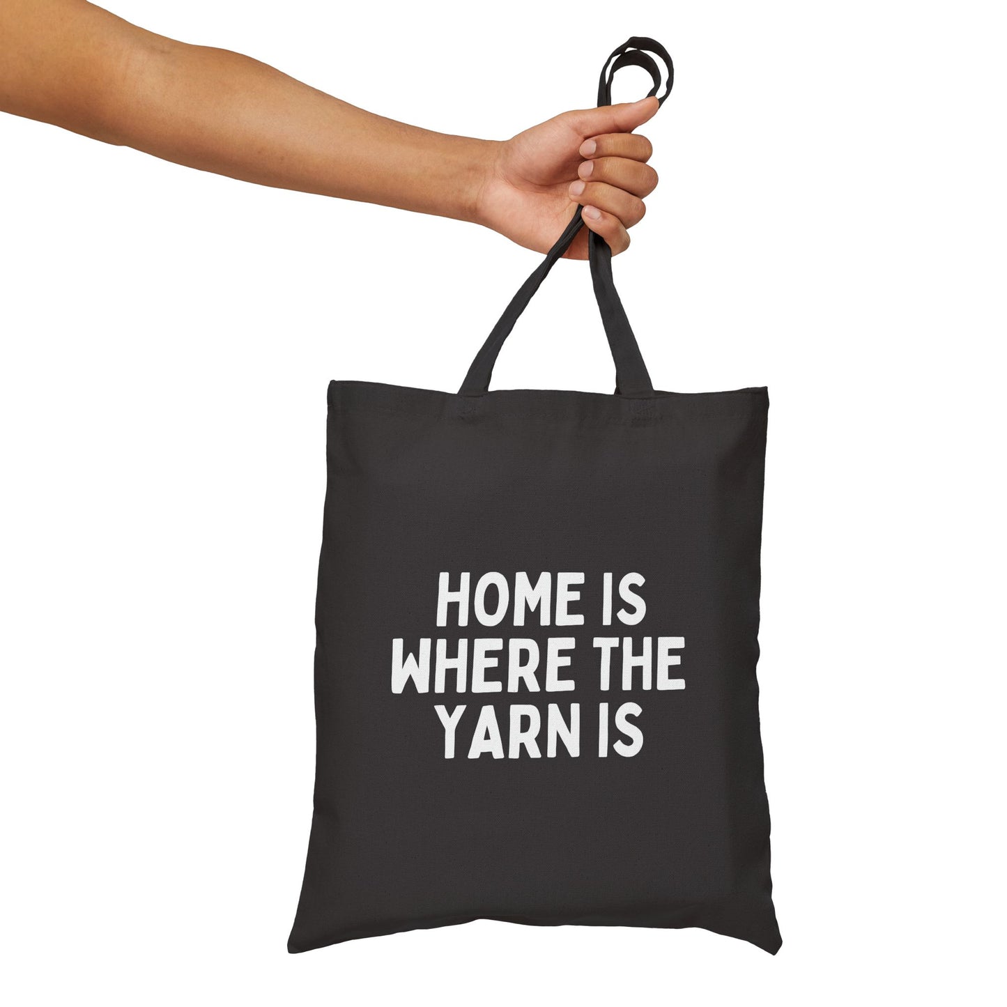 "Home is Where the Yarn Is" Black Cotton Canvas Tote Bag for Knitters & Crocheters