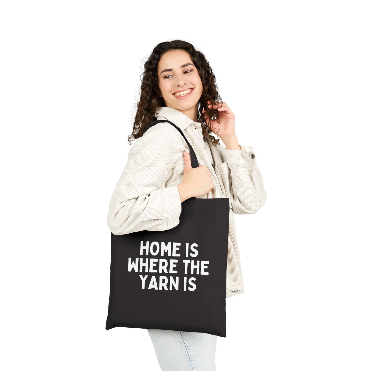 "Home is Where the Yarn Is" Black Cotton Canvas Tote Bag for Knitters & Crocheters