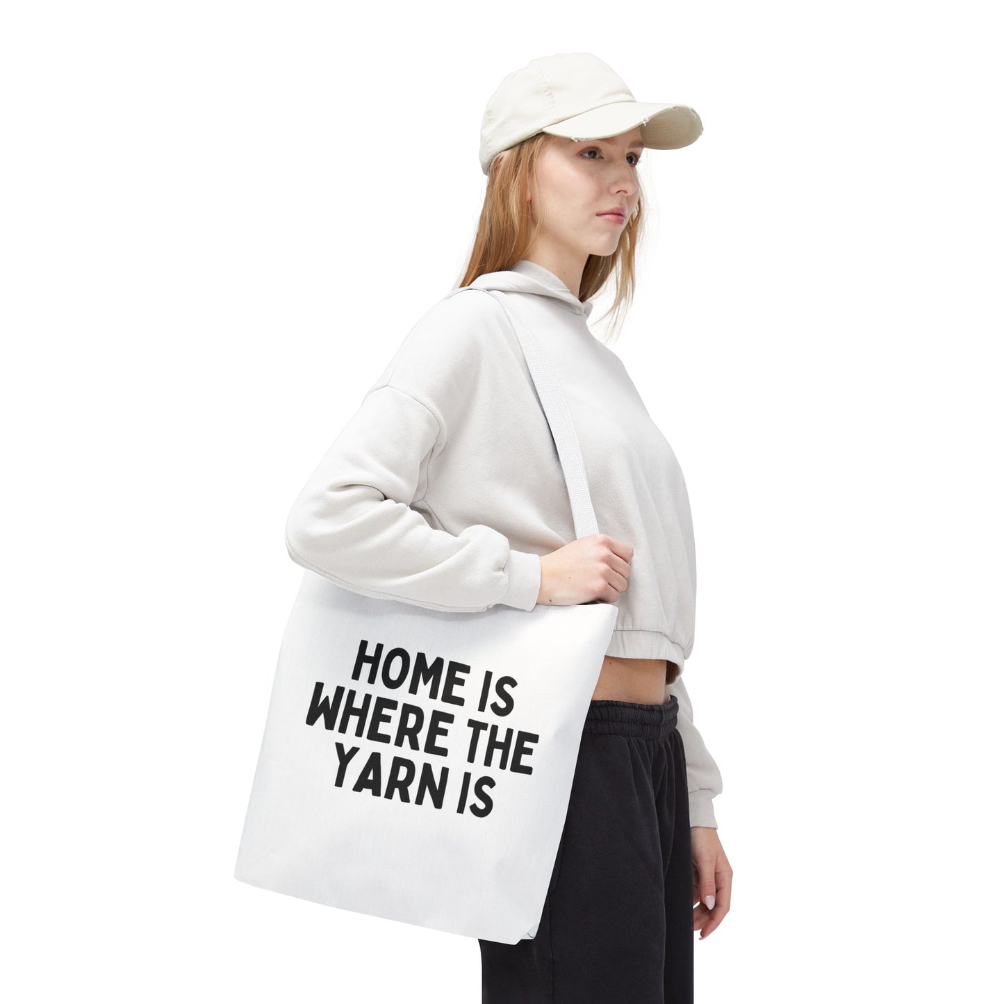 "Home is Where the Yarn Is" – White Tote Bag for Knitters & Crocheters