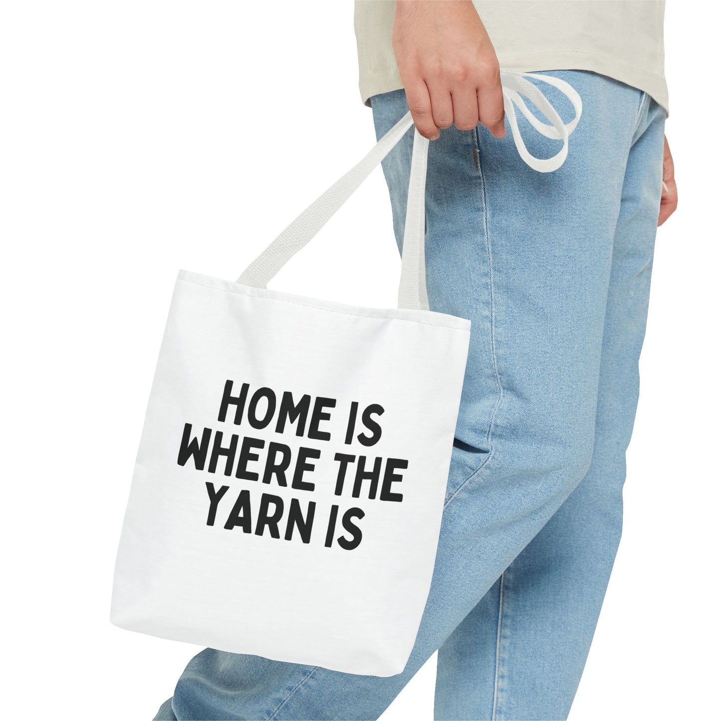 "Home is Where the Yarn Is" – White Tote Bag for Knitters & Crocheters