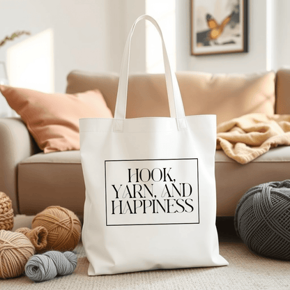 "Hook, Yarn, and Happiness" Cotton Tote Bag – Lightweight and Stylish