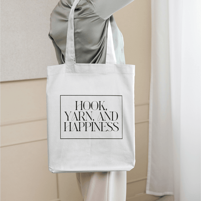 "Hook, Yarn, and Happiness" Cotton Tote Bag – Lightweight and Stylish