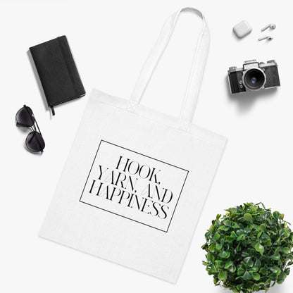 "Hook, Yarn, and Happiness" Cotton Tote Bag – Lightweight and Stylish