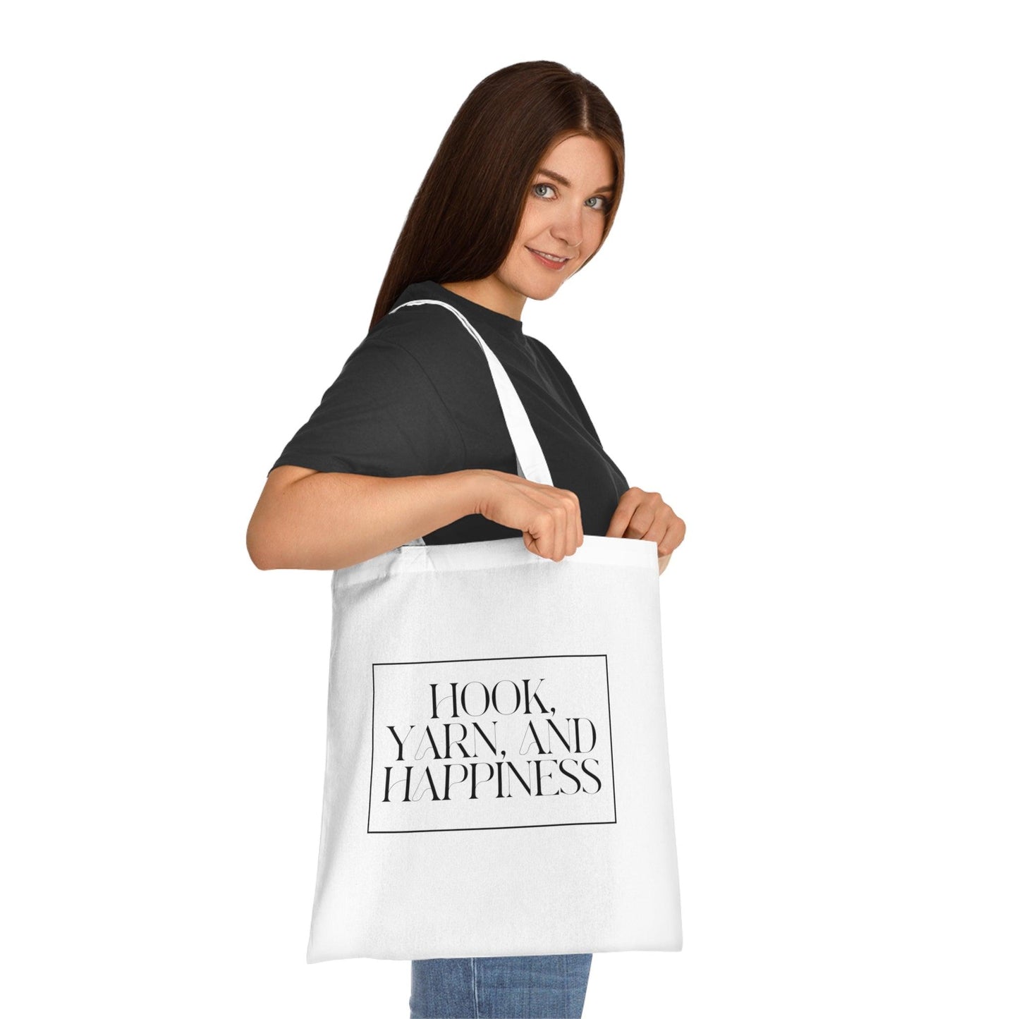 "Hook, Yarn, and Happiness" Cotton Tote Bag – Lightweight and Stylish