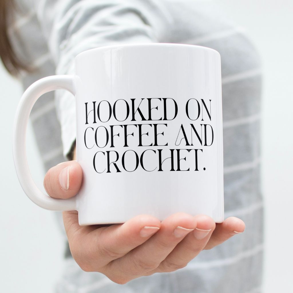 "Hooked on Crochet and Coffee" Ceramic Mug – Perfect for Yarn Enthusiasts