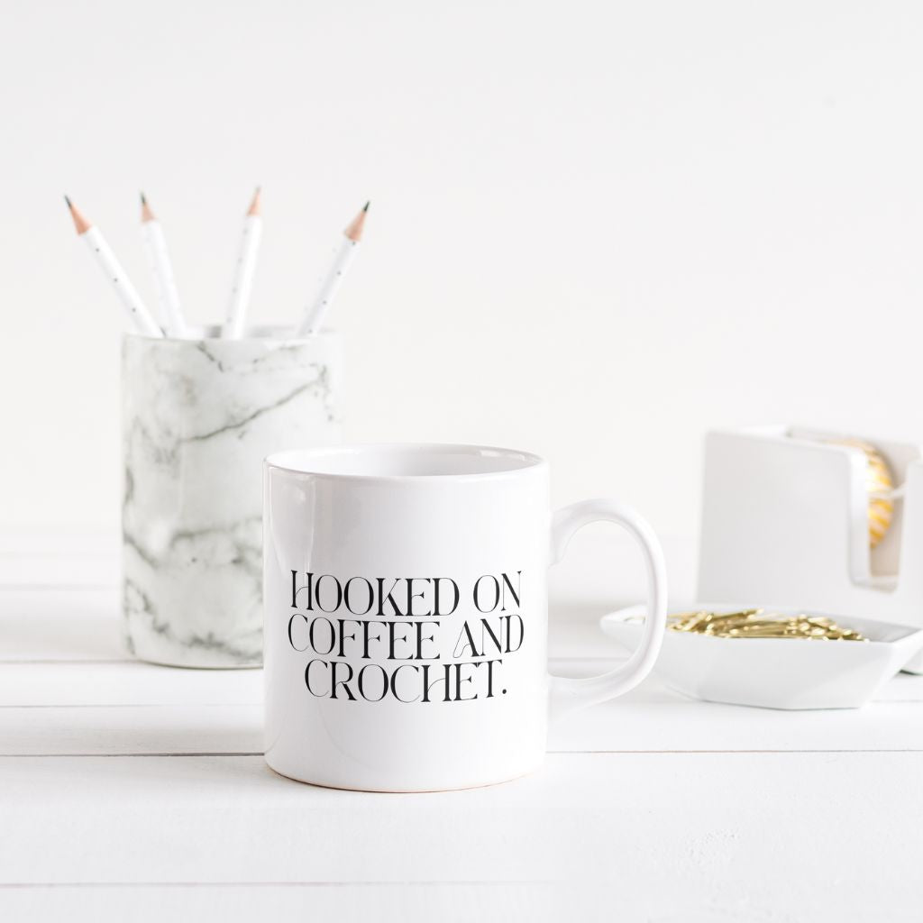 "Hooked on Crochet and Coffee" Ceramic Mug – Perfect for Yarn Enthusiasts