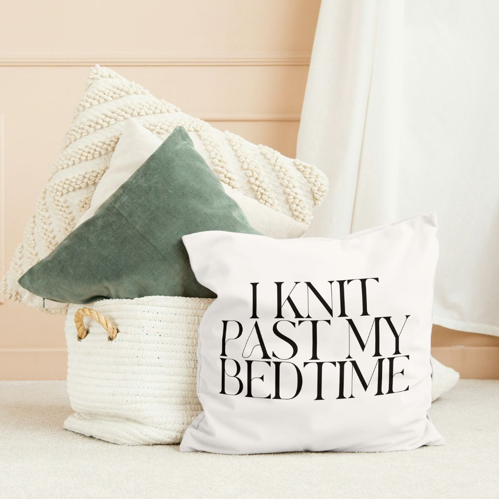 "I Knit Past My Bedtime" Throw Pillow – A Cozy Statement for Yarn Lovers