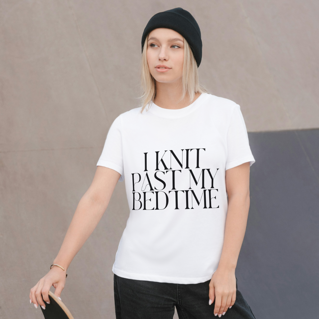 "I Knit Past My Bedtime" White Unisex T-Shirt – Perfect for All-Night Knitters