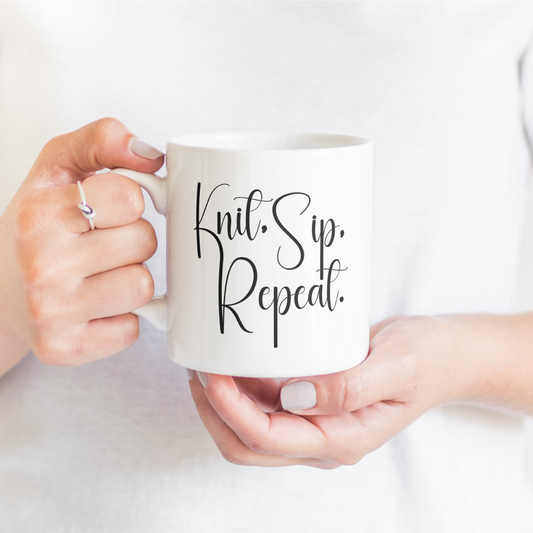"Knit, Sip, Repeat" Ceramic Mug – Knitting & Crochet Gift