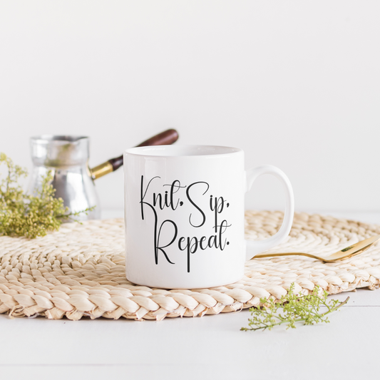 "Knit, Sip, Repeat" Ceramic Mug – Knitting & Crochet Gift