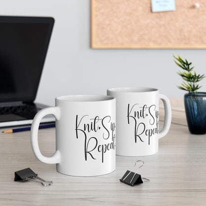 "Knit, Sip, Repeat" Ceramic Mug – Knitting & Crochet Gift