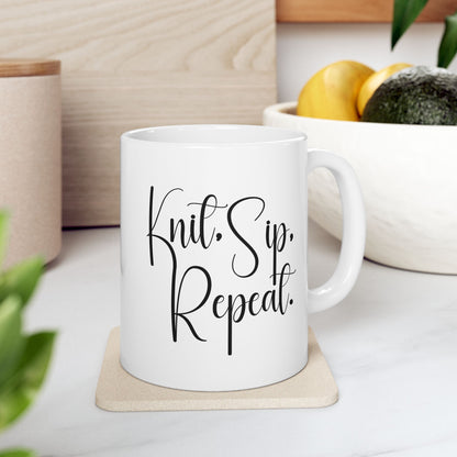 "Knit, Sip, Repeat" Ceramic Mug – Knitting & Crochet Gift