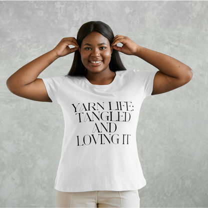 "Yarn Life: Tangled and Loving It" Unisex Cotton T-Shirt – Perfect for Yarn Lovers