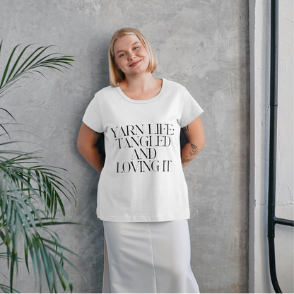 "Yarn Life: Tangled and Loving It" Unisex Cotton T-Shirt – Perfect for Yarn Lovers